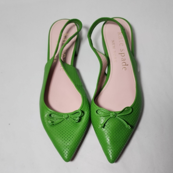 kate spade Bright Green Pointed-Toe Perforated Slingback Flats with Bow - Picture 3 of 11